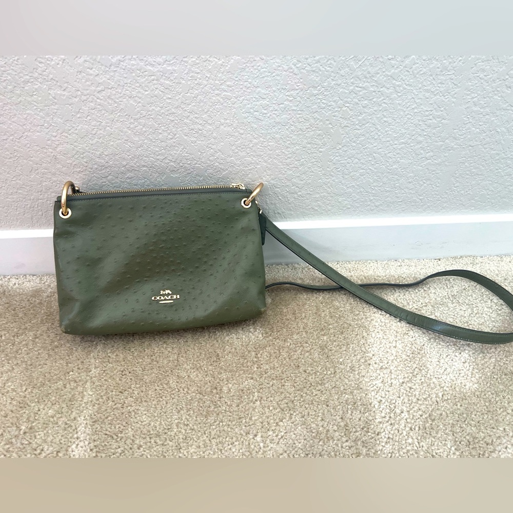 Coach Mia Military Olive Green Leather Ostrich Double Top Zip Crossbody Bag